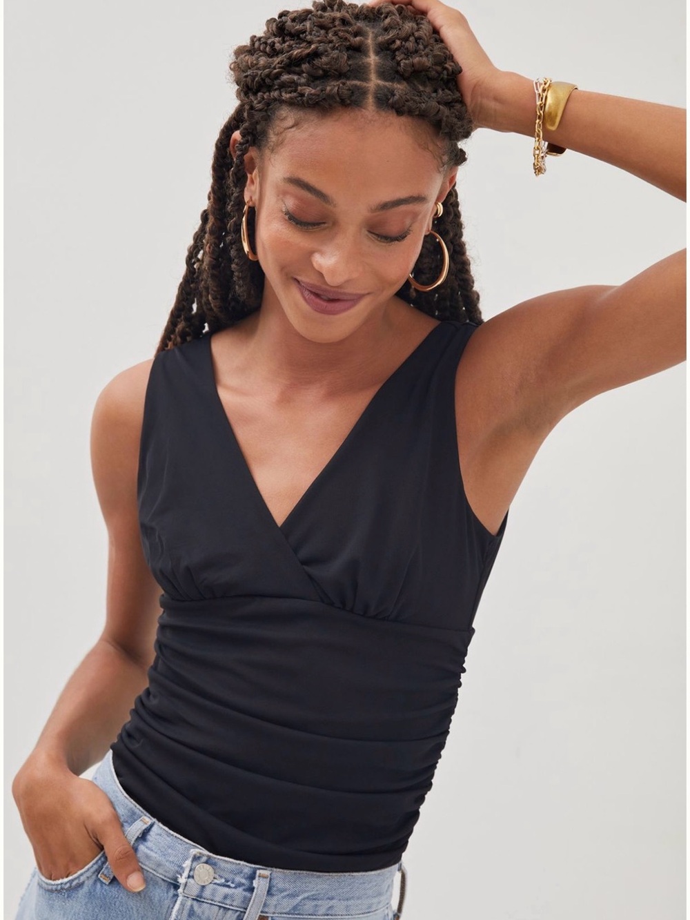 Anthropologie Black Ruched Mesh Sleeveless Tank Top Small